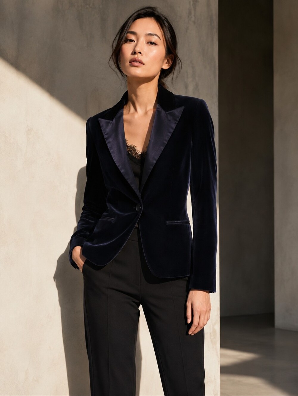 ❤️ ELIE TAHARI VELVET SATIN TRIM ONE BUTTON BLAZER JACKET IN NAVY BLUE, 2P